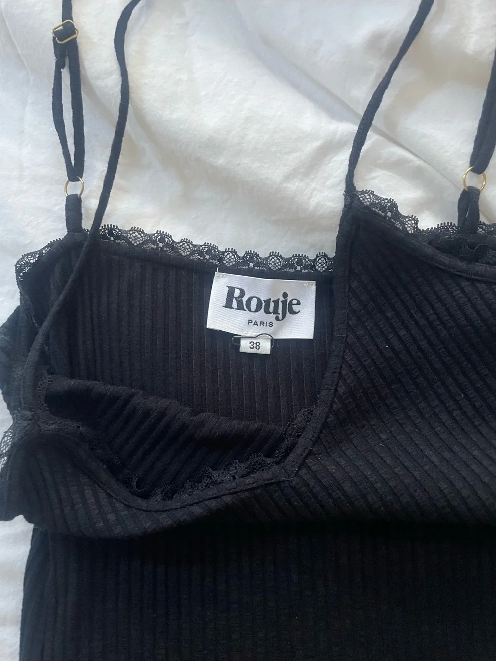 Rouje Black Ribbed V-Neck Lace-Trim Tank